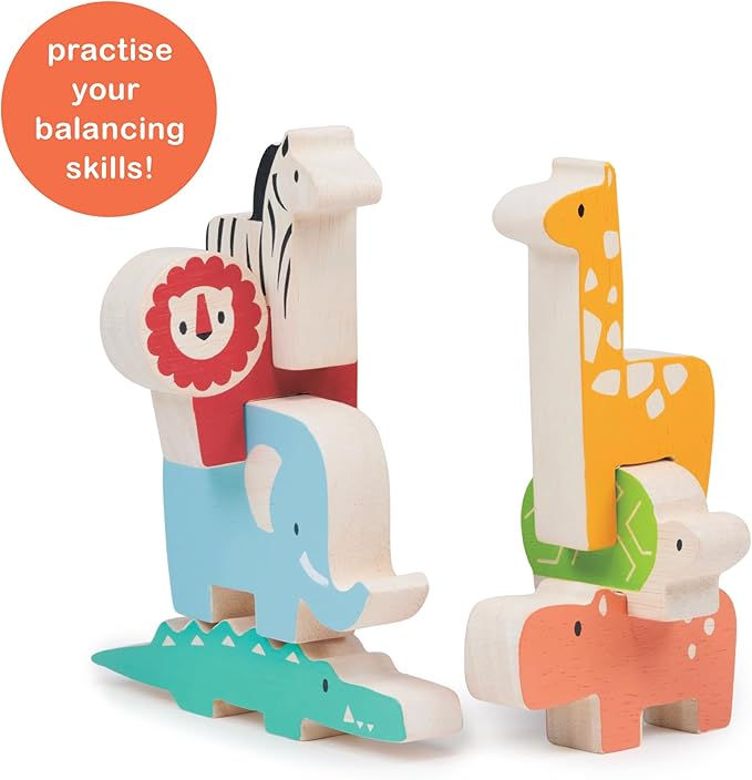 Mentari Toys - Happy Stacking Safari - 7pc Wooden Stacking Toy for Toddlers - Colorful Safari Balancing Activity Toy with Bag - Boost Fine Motor Skills and Dexterity - Educational Toy - Age 18m+