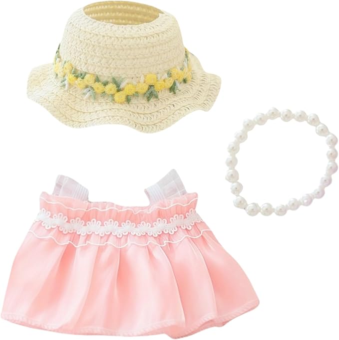 Clothes for Dolls Accessories, Outfit Set 3 Pieces Gauze Dress for 15cm 17cm Doll (No Doll), Romantic Hat Skirt Doll Clothing Set Replacement Pink