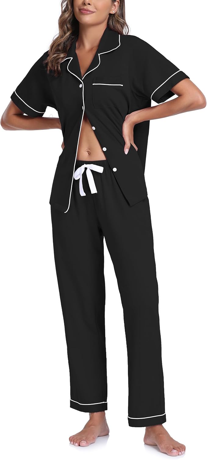 CF Womens 100% Cotton Pajamas Set Button Down Pjs Sets Short Sleeve Top & Long Pants Sleepwear Comfy Loungewear with Pockets