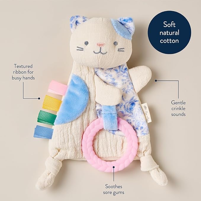 Itzy Ritzy - Bitzy Crinkle Sensory Toy Kitty with Crinkle Sound for Babies & Toddlers - Features Soft Braided Teething Ring & Textured Ribbons, Designed for Ages 0 Months and Up, Kitty