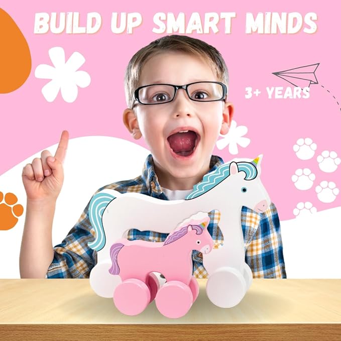 Jack Rabbit Creations Big & Little Unicorn Push Toy 2 in 1 Wooden Roller Animals- Pull STEM Toys for Toddlers Develops Coordination and Fine Motor Skills- Ages 18 Months+