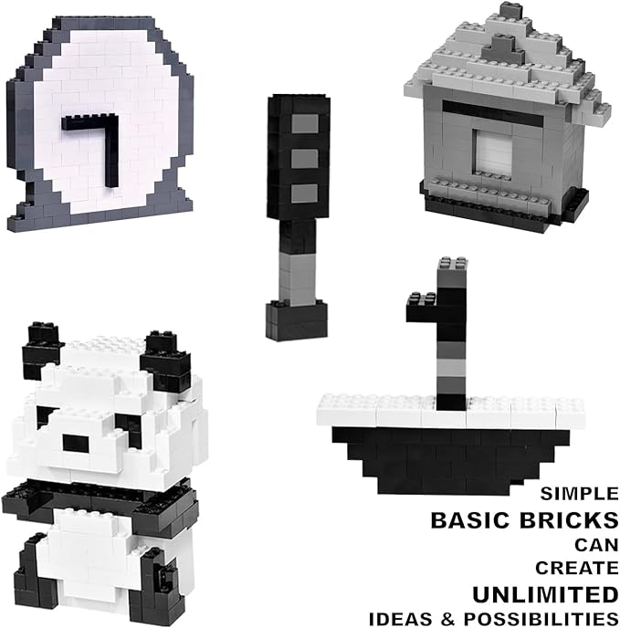 Building Bricks 1000 Pieces in Black, Dark Grey, Light Grey & White, Classic General Building Blocks Toys for Boys & Girls, Bulk Basic Brick Tiles for Adult's Building Projects