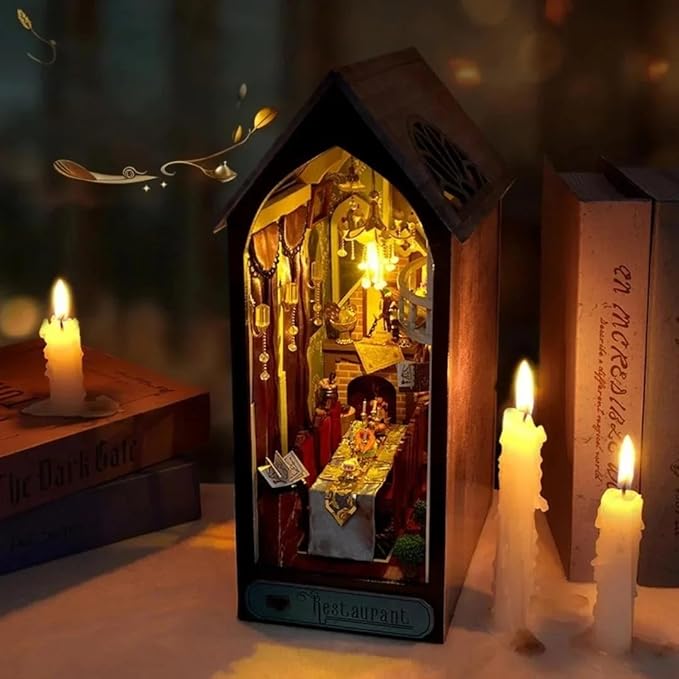 Domigard Book Nook Kit - DIY Miniature House Kit Bookshelf Decor 3D Wooden Dollhouses for Adults Teens LED Book Nook Kits for Adults Unique Birthday Christmas Gift for Family and Friends