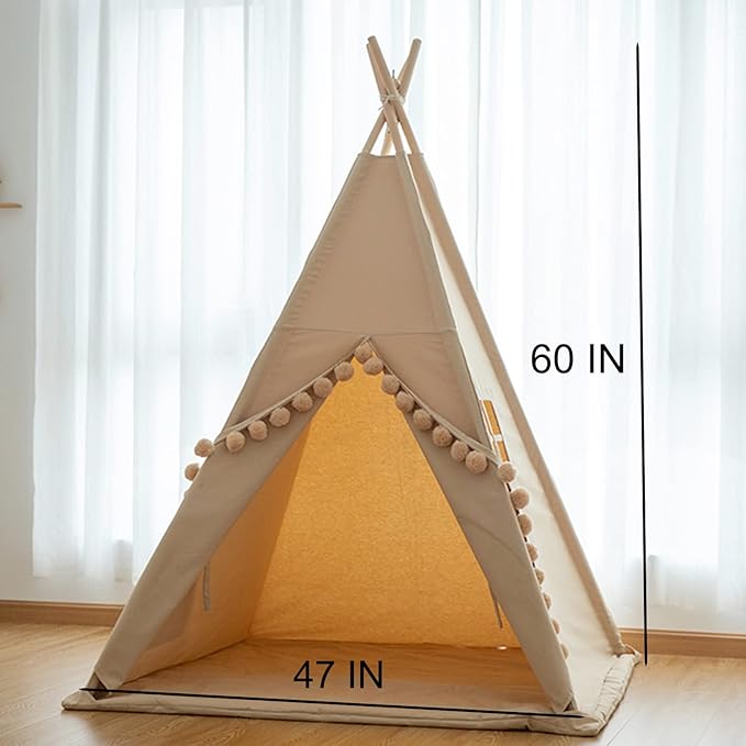 Kids Teepee Tent with Lights &Large Pompoms & Carry Bag, Machine Washable Tent for Kids Indoor, Toddler Teepee for Girls & Boys（Without Mat）