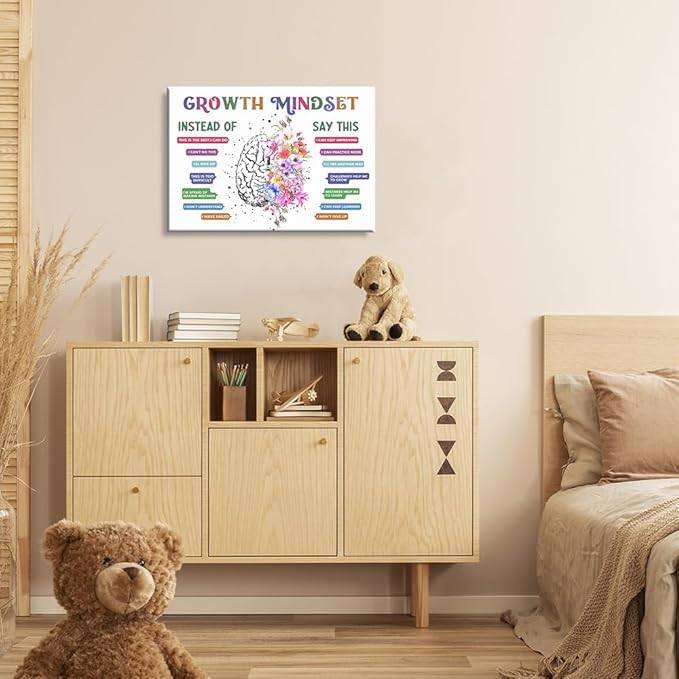 uoyien Classroom Growth Mindset Affirmations for Kids Mental Health Posters Brain Poster Psychology Special Education Calm Corner Wall Art Office Therapy Canvas Wall Decor Prints 16x24in Wood Framed