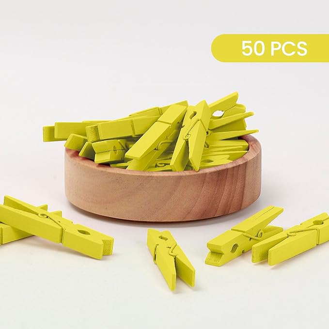 50PCS Colored Wooden Clothespins, 2.9inch Yellow Clothes Pins for Clip Pictures Photos Decorative, Small Colorful Wood Decoration Closepins Clips