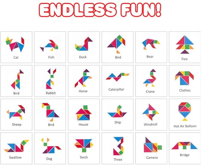 ArtCreativity Wooden Tangram Puzzles for Kids (Set of 6) Wood Tangrams with 7 Colored Pieces Each, Fun Educational Brain Teaser, Learning Toy for Boys and Girls, Fun Party Favor