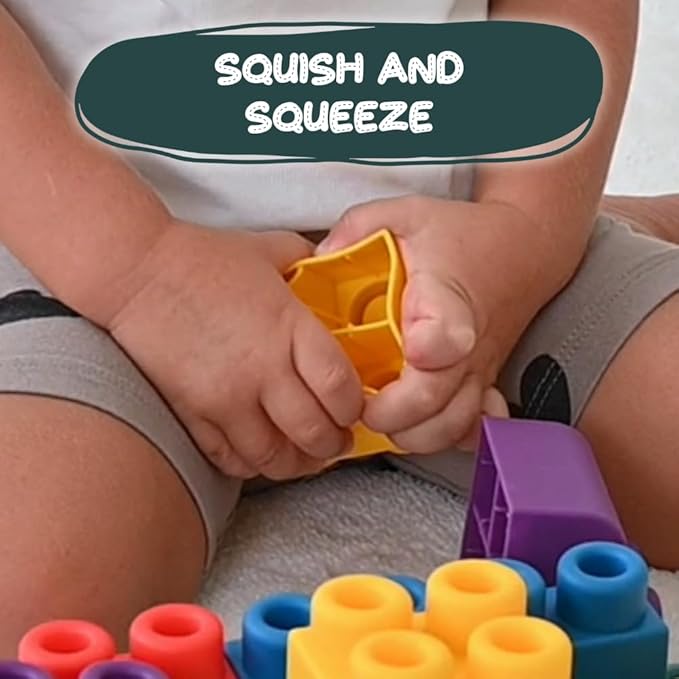 Large Soft Rubber Toddler Blocks, 50 Pieces in Storage Bin on Wheels - Includes Booklet, Toy, Gift, Birthday, 6m, 1-2, 2-4, 2-3, 3-5 Ages