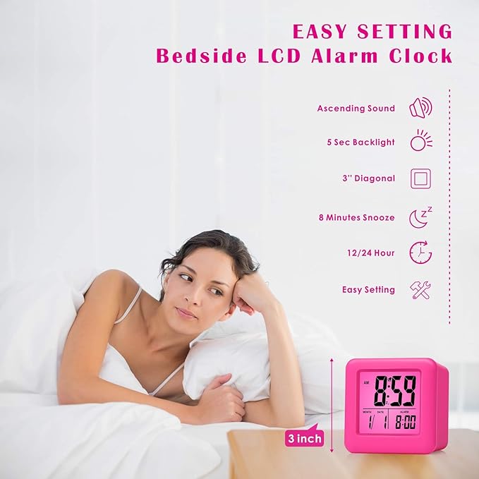 Plumeet Digital Kids Alarm Clock with Snooze and Nightlight - Easy Setting Silicone Clock Display Time, Date - Loud for Bedroom - Battery Powered (Pink)