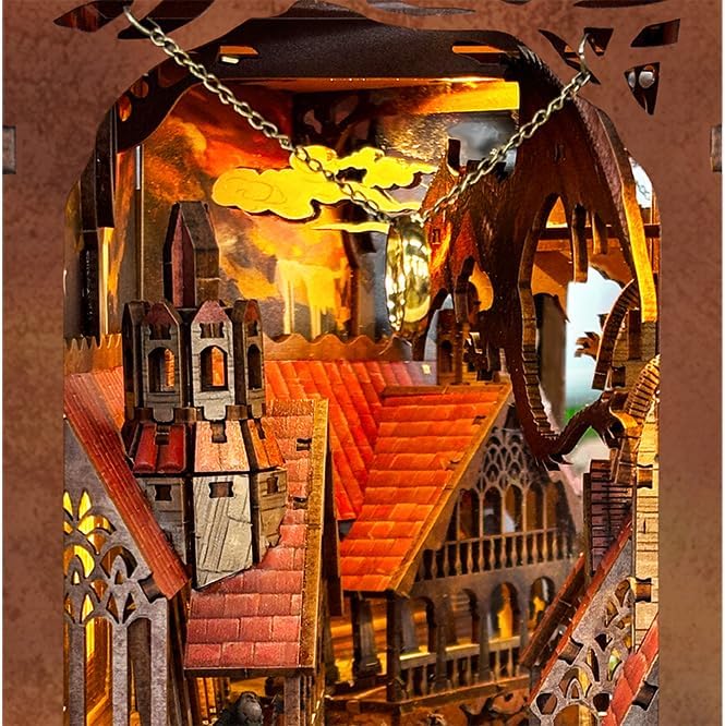 Book nooks DIY Dollhouse Kit for Adults 3D Stereo Assembly Night Light Sensing Wooden Bookend Jigsaw Building Model Gifts for Family,Friends (The Lord The Ring)