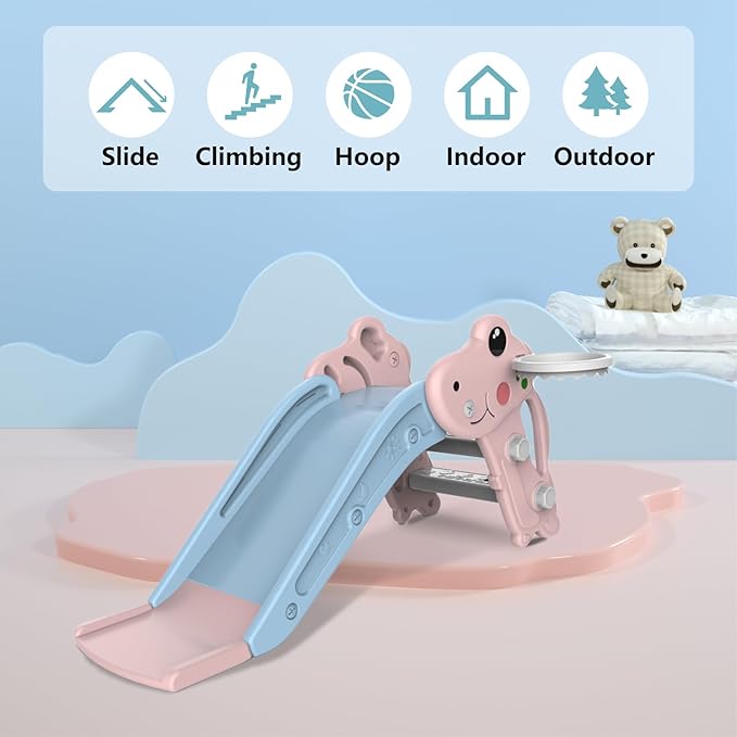 Toddler Slide,Kids Slide Playset for Toddler,Indoor Outdoor Slide Toddler Playset with Ball & Hoop, and Non-Slip Steps,Gift for Boys and Girls 1-3 Years (Pink)
