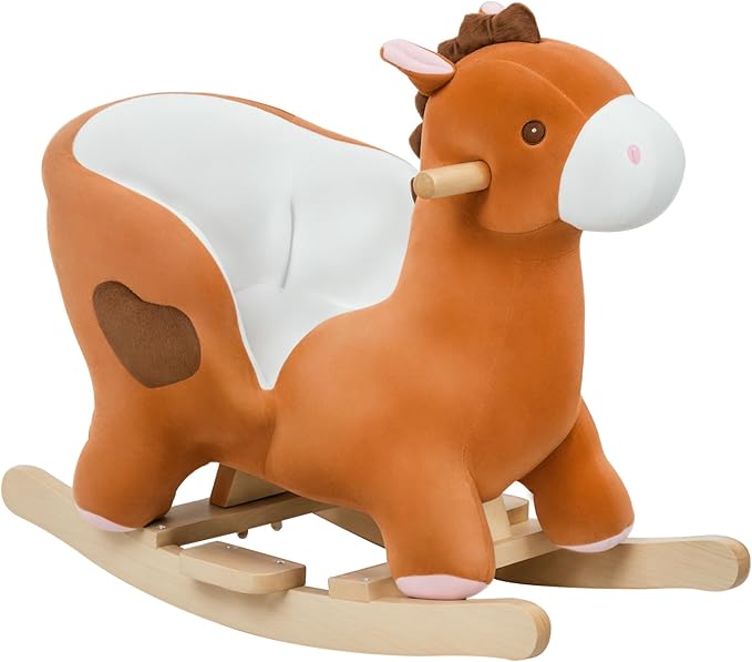Qaba Kids Ride On Rocking Horse, Plush Animal Toy Sturdy Wooden Rocker with Songs for Boys or Girls