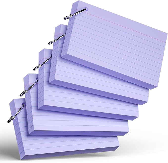 250 Count Purple Index Cards with Ring 3 x 5 Inch Heavyweight Ruled Index Cards, Flash Cards for School & Office Supplies and Home Organization, Durable Study To Do List Note Cards with Ruled Lines