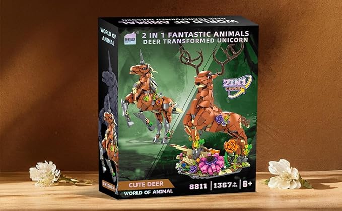 2 in 1 sika Deer&Unicorn Animals Building Decorations Set,Animal Blocks Flowering shrubsToys Suitable for Boys and Girls Age 6+ Year Old Desktop Decoration