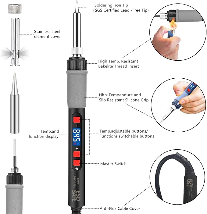 Soldering Iron Kit, 80W Electric Solder iron, Adjustable Temperature (180°C- 500°C）, With Multimeter, Magnifier Welding Helping Hand, Heat shrink tubing, Solder Wire, Desoldering pump.