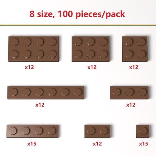 100 Pieces Classic Building Plate Assortment Pack, 8 Sizes Small Baseplates Multipacks, Compatible with Lego Parts and Pieces, Small Plate for Building(Color:Brown)