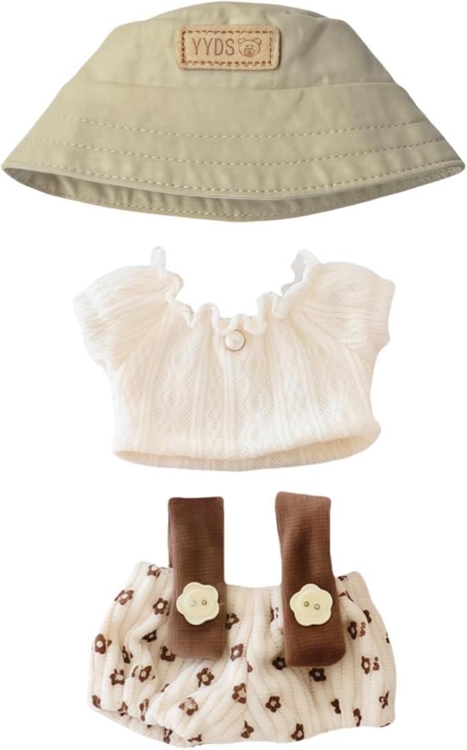 Clothes for Dolls Accessories (No Doll), Cute Outfit Set 3 Pieces Bib Pants Suitable for 15 & 17cm Doll Suit, Stylish Dress Up Overalls Doll Clothing Set Replacement with Hat Clothes Beige