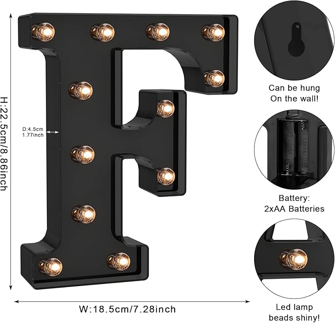 Foaky Black LED Letter Lights for Room Decor - Bedroom Wall Decor, Alphabet Lights for Home, Wedding, Party - Battery Operated （F）