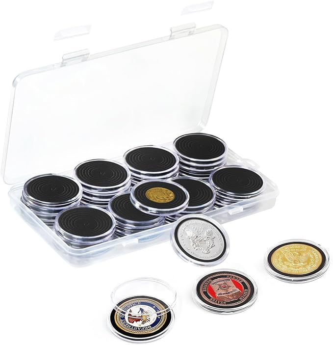 SPLF 32pcs Clear Plastic Coin Capsules, Coin Holder for Collectors, Coin Collection Case with Adjustable Gasket (20/25/30/35/40.6/46mm) for Silver Eagle Liberty Coin & JFK Half Dollar & Bitcoin More