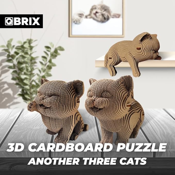 QBRIX Another 3 Cats 3D Puzzle for Adults, DIY Craft Kit for Home Decor, 3D Model Kit for Teens, Creative Gift for Boys & Girls 14+, Cardboard Model Building Kit