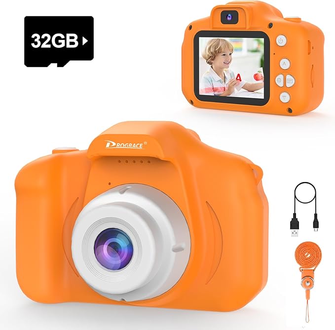 PROGRACE Orange Kids Camera, Birthday for Girls and Boys Ages 3-12, HD Digital Video Camera for Toddlers, IPS HD Screen, Portable Toy with 32GB SD Card