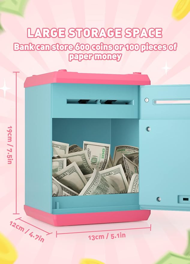 Piggy Bank for Girls Boys Large Electronic Money Coin Banks with Password Protection, Automatic Paper Money Scroll Saving Box, Great Gift for Kids(Pink-Blue)