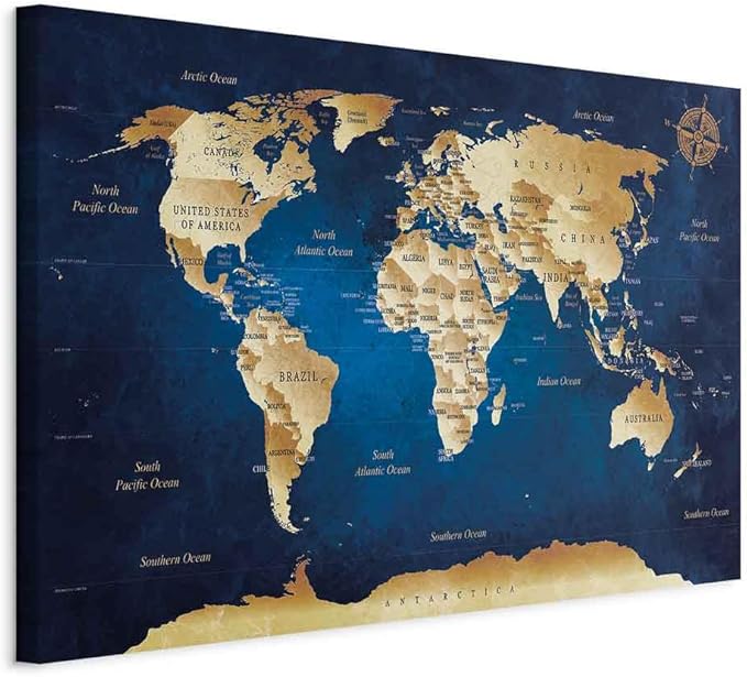 artgeist Canvas Wall Art Print World Map 35x24 in - 1pcs Home Decor Framed Stretched Picture Photo Painting Artwork Image World Travel Map k-A-0107-b-a