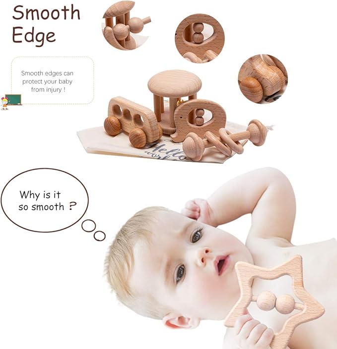 Organic Wooden Baby Rattle Toy Montessori Rattle Roller Waldorf Inspired Grasping Toddler Toys