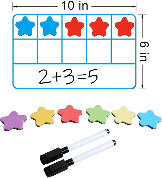 ZazzyKid Magnetic Ten-Frame Set: Math Manipulatives for Classroom Learning Counting Games for Kindergarten Kids - 6 Frames & 60 Star-Shaped Counters - Hands-on or Stick to Whiteboards