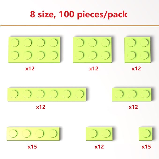 100 Pieces Classic Building Plate Assortment Pack, 8 Sizes Small Baseplates Multipacks, Compatible with Lego Parts and Pieces, Small Plate for Building(Color:Grass Green)