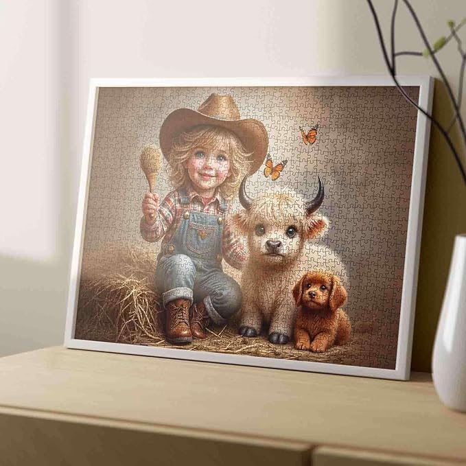 Tucocoo 1000 Piece Jigsaw Puzzle for Adults, Cowboy Farm Scene with Calf, Puppy and Butterflies – Rustic Country Art Puzzles, Relaxing and Whimsical Puzzle for Home Decor and Stress Relief DIY Gifts