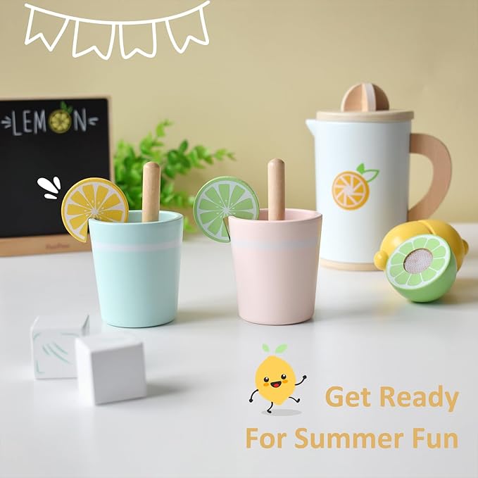 PairPear Wooden Lemonade Stand Play Set, Kids Play Food Pretend Play Lemonade Stand Play Set, Montessori Pretend Kitchen & Market Toy for Toddlers Ages 3+