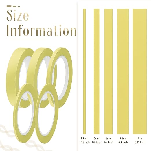 Xuniea 5 Rolls of Vinyl Tape Masking Tape Automotive Car Auto Paint for Curves, High Temperature Vinyl Low Tack (1/16 Inch, 1/8 Inch, 1/4 Inch, 1/2 Inch, 3/4 Inch,Yellow)