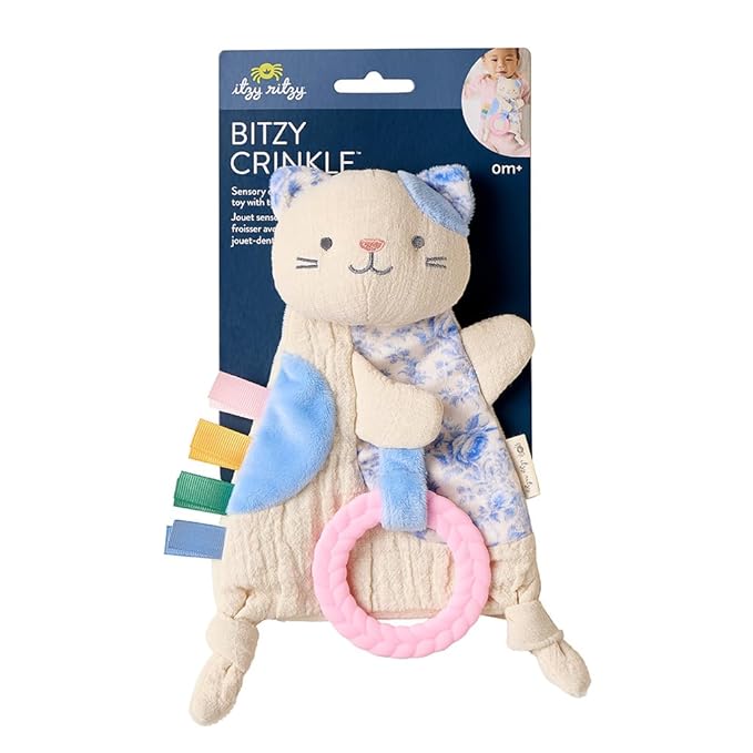 Itzy Ritzy - Bitzy Crinkle Sensory Toy Kitty with Crinkle Sound for Babies & Toddlers - Features Soft Braided Teething Ring & Textured Ribbons, Designed for Ages 0 Months and Up, Kitty