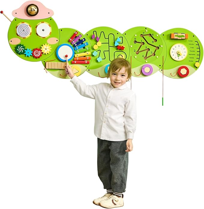 VEVOR Caterpillar Activity Wall Busy Board, 12 Activities Board, Montessori Sensory Panel for Kids 3-12 Years, Sensory Wall Activity Panel, Ideal for Toddler Playroom Nursery Classroom