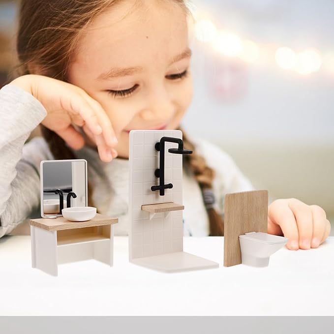 NUOBESTY Dollhouse Bathroom Set, 1 12 Scale Dollhouse Furniture 8pcs Miniature Doll House Bathroom Accessories with Mini Bathtub, Toilet, Shower Room for Doll House Decor Accessories