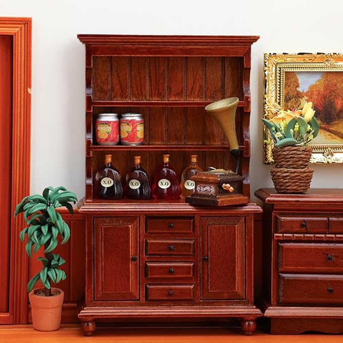 Dollhouse Furniture, Doll Display Cabinet with Drawers 1:12 Scale Miniature Dollhouse Vintage Wooden Bookcase Mini Bookshelf Living Room Dolls & Accessories DIY Decorations for Girls and Boys