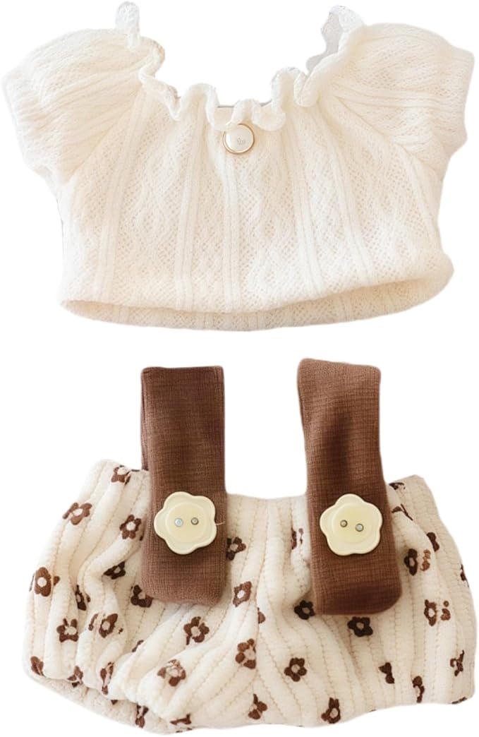 Clothes for Dolls Accessories (No Doll), Cute Outfit Set 2 Pieces Bib Pants for 15 & 17cm Doll Suit, Stylish Dress Up Overalls Doll Clothing Set Replacement Beige