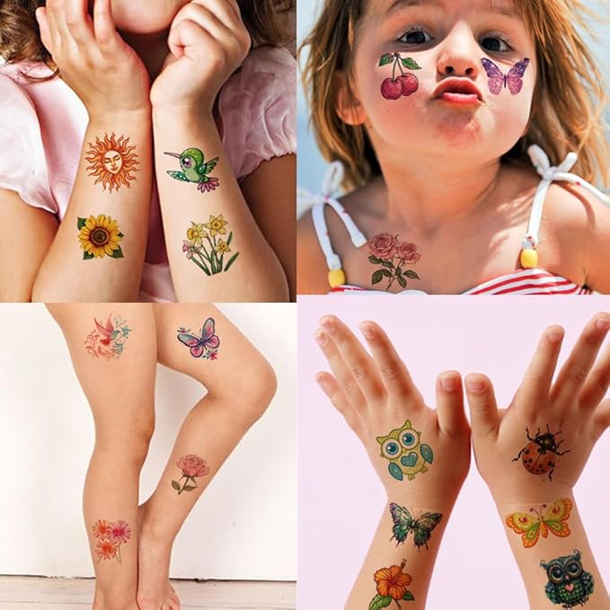 Glitter Temporary Tattoos for Girls 10 Sheets Glitter Flowers Bird Butterfly Heart Temporary Tattoos for Girls Kids Birthday Party Supplies Gifts Decoration