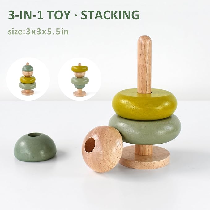 PairPear 3-in-1 Montessori Wooden Toy Set, Shape Sorter Cube, Stacking Tree & Farm Animal Puzzle, Natural Learning Toys for Toddlers 12M+