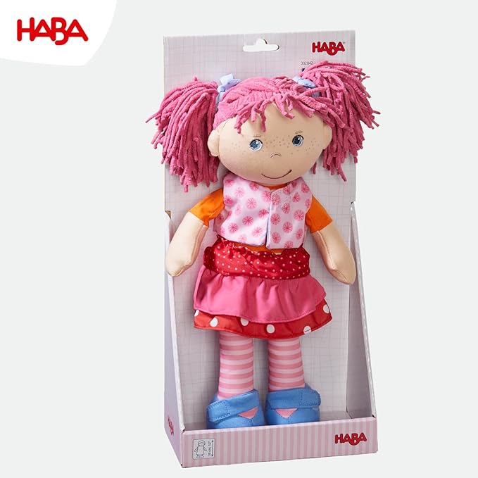 HABA Lilli-Lou 12" Soft Doll with Pink Hair in Pigtails, Blue Eyes & Embroidered Face, Machine Washable Baby Doll for Ages 18 Months+