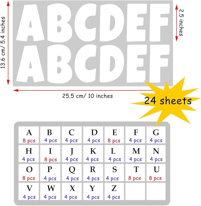Bemeol 288 Pcs Bulletin Board Letters 24 Sheets 2.5 Inch Self Adhesive Vinyl Alphabet Stickers Letter for Poster Board Classroom School Home Decor(White)