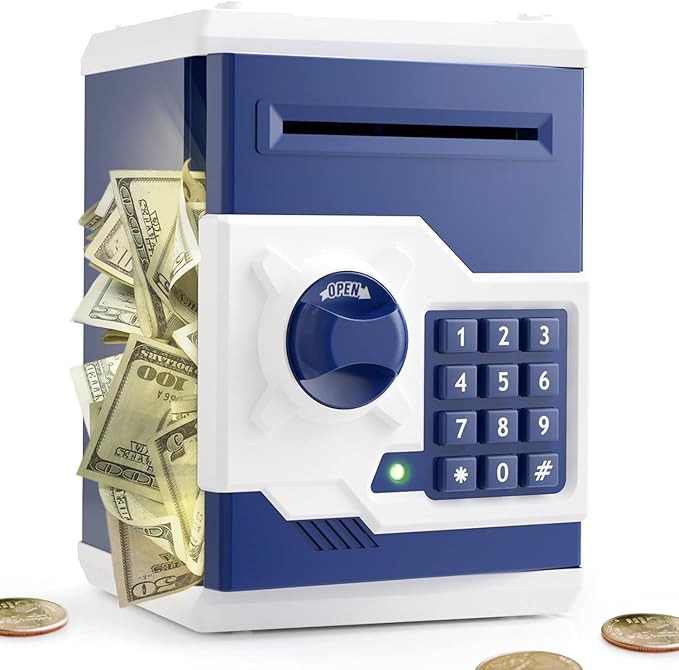 Piggy Bank for Girls Boys Large Electronic Money Coin Banks with Password Protection, Automatic Paper Money Scroll Saving Box, Great Gift for Kids(Blue-White)