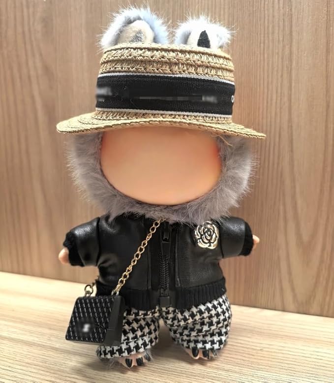 Clothes for Labubu(No Doll) – Cute 4-Piece Straw Hat,Premium Jacket with Chain Bag,Chic Fashion Accessories Set Compatible with 17cm Collectible Figures Stylish Clothes for Boys Girls Birthday