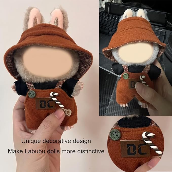 17cm Clothes Set, Cute Hat Unique Pocket Design Overalls Dress up Set(NO Doll), Handmade Clothing Designed for 17cm Doll (Brown Set)