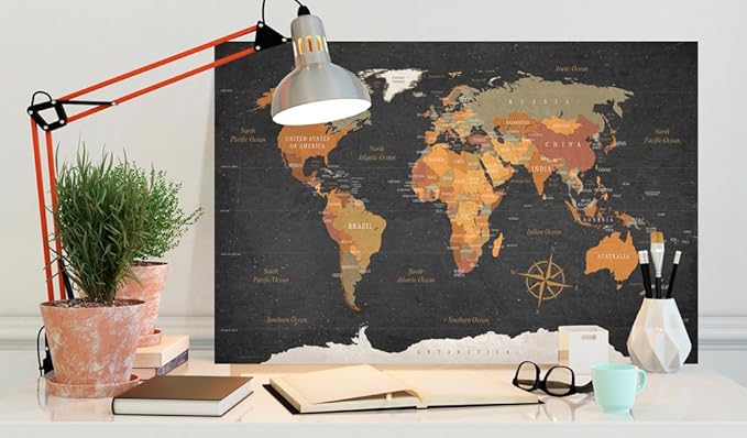 artgeist Pinboard World Map 35x24 in - Cork Board & Canvas Print Wall Art 1 pcs Memoboard with 50 Pins Noticeboard Message Board Image Picture Home Decor Travel Map k-C-0048-p-c