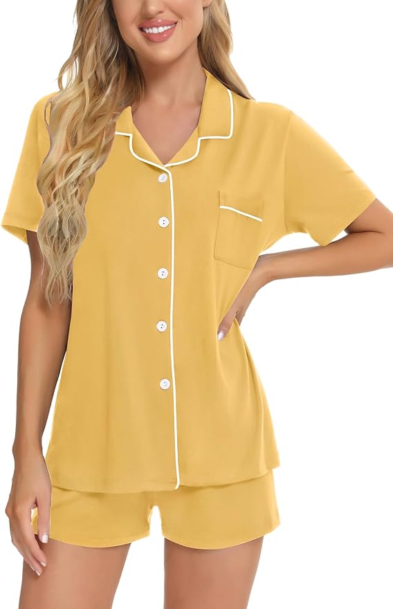 SWOMOG Womens Button Down Pajamas Set Short Sleeve Sleepwear Bride Soft Pj Lounge Sets XS-3XL