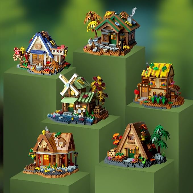 Forest Mini Wood Cabin Micro Building Set with LED Light Wooden Forest House Block Toy with Tree Log Stem Houses Construction Model for Adults Teens Birthday Gift
