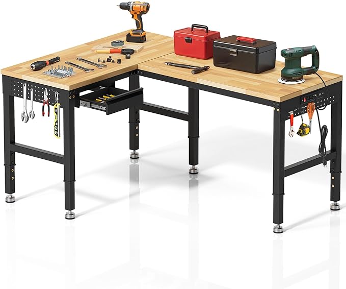 96”L-Shaped Heavy Duty Work Bench, Heights Adjustable Workbench, 5000 LBS Load Capacity, Work Benches for Garage with Power Outlet & Pegboard, Rubber Wood Work Table for Office, Workshop, Home