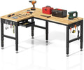 96”L-Shaped Heavy Duty Work Bench, Heights Adjustable Workbench, 5000 LBS Load Capacity, Work Benches for Garage with Power Outlet & Pegboard, Rubber Wood Work Table for Office, Workshop, Home